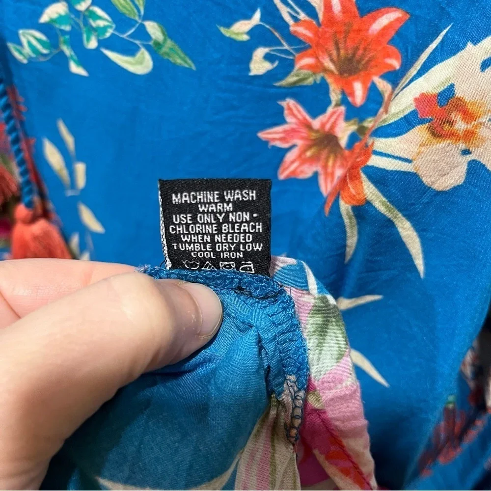Tolani Floral Blue and Pink Women's Modal Top with Tassels XL - Picture 8 of 9